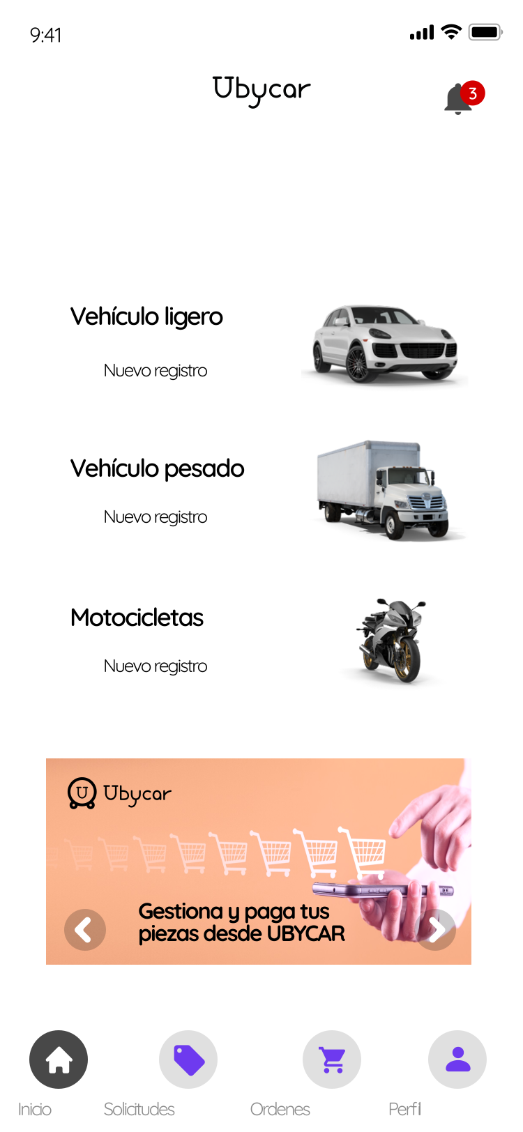 Inicio y vehículos en la aplicación UBYCAR